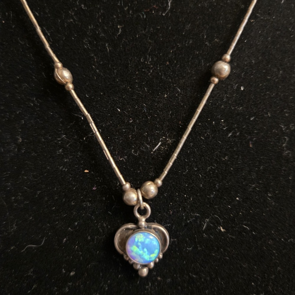 925 Sterling Liquid Silver Beaded Blue Fire Opal Pendant Necklace 18" Petina VTG